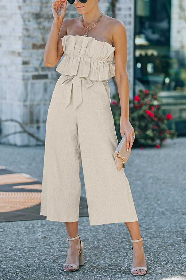 Plain Backless Ruffled Strapless Wide Leg Jumpsuit