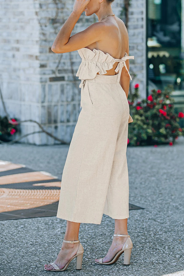 Plain Backless Ruffled Strapless Wide Leg Jumpsuit