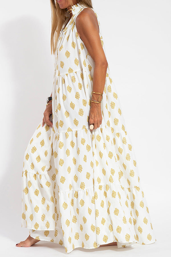 Boho Loose Gold Print Flowy Resort Dress