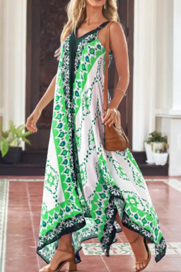 V-Neck Casual Loose Retro Print Vacation Sleeveless Maxi Dress