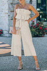 Plain Backless Ruffled Strapless Wide Leg Jumpsuit