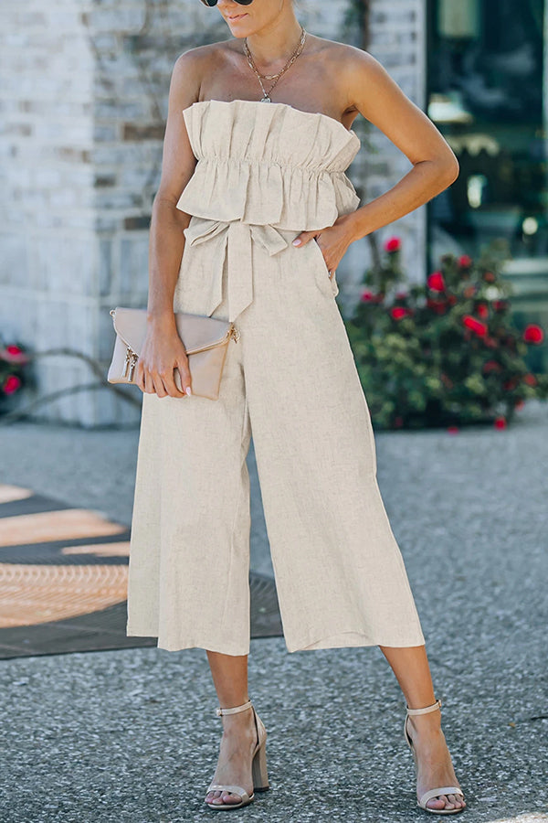 Plain Backless Ruffled Strapless Wide Leg Jumpsuit