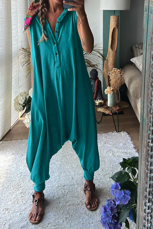 Let's Chill ポケット付きハーフボタンフード付きルーズジャンプスーツ