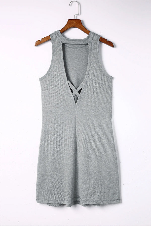 Gray Crisscross Cut-out Back Knit Tank Petal Dress