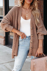 Khaki Solid Color Buttoned Down Casual Knitted Cardigan