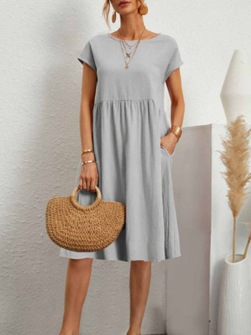 Casual Solid Patchwork O Neck A Line Short Sleeve Dress(11 Colors)