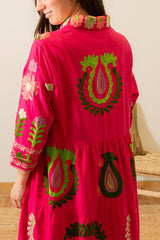 FUCHSIA PINK FLOWERS SHIRT DRESS