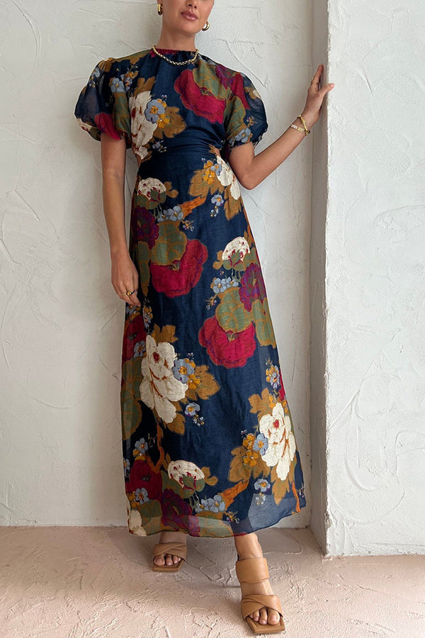 Our Greatest Love Watercolor Floral Puff Sleeve Cutout Elastic Waist Maxi Dress