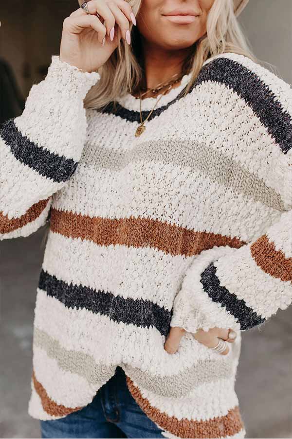 Multicolor Stripes Print Popcorn Drop Shoulder Pullover Sweater