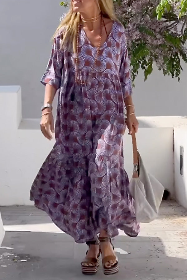 Ibiza Fashion Print Loose V Neck Long Sleeve Long Dress