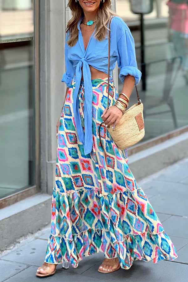 Ethnic Print Drawstring Elastic Waist Maxi Skirt