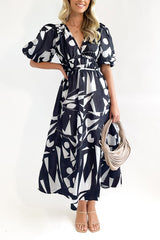 Elegant V-neck slim waist large swing skirt printed dress