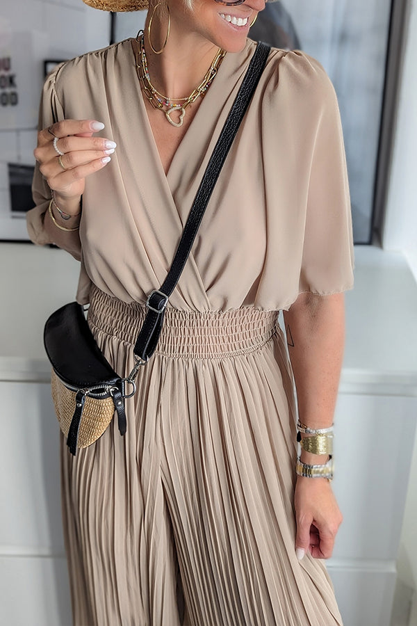 Delightful Day スモッキング ウエスト プリーツ ワイドレッグ ジャンプスーツ