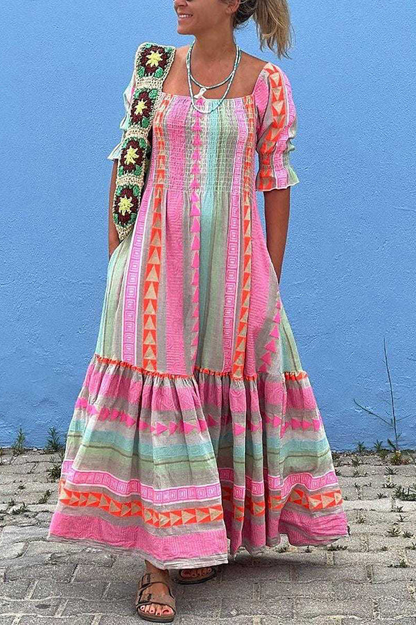 Music Festival Geometric Color Block Pocketed Smocked Boho Maxi Dress