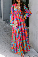 Multicolor Floral Print Ruffle Trim Plunge Neckline Maxi Dress