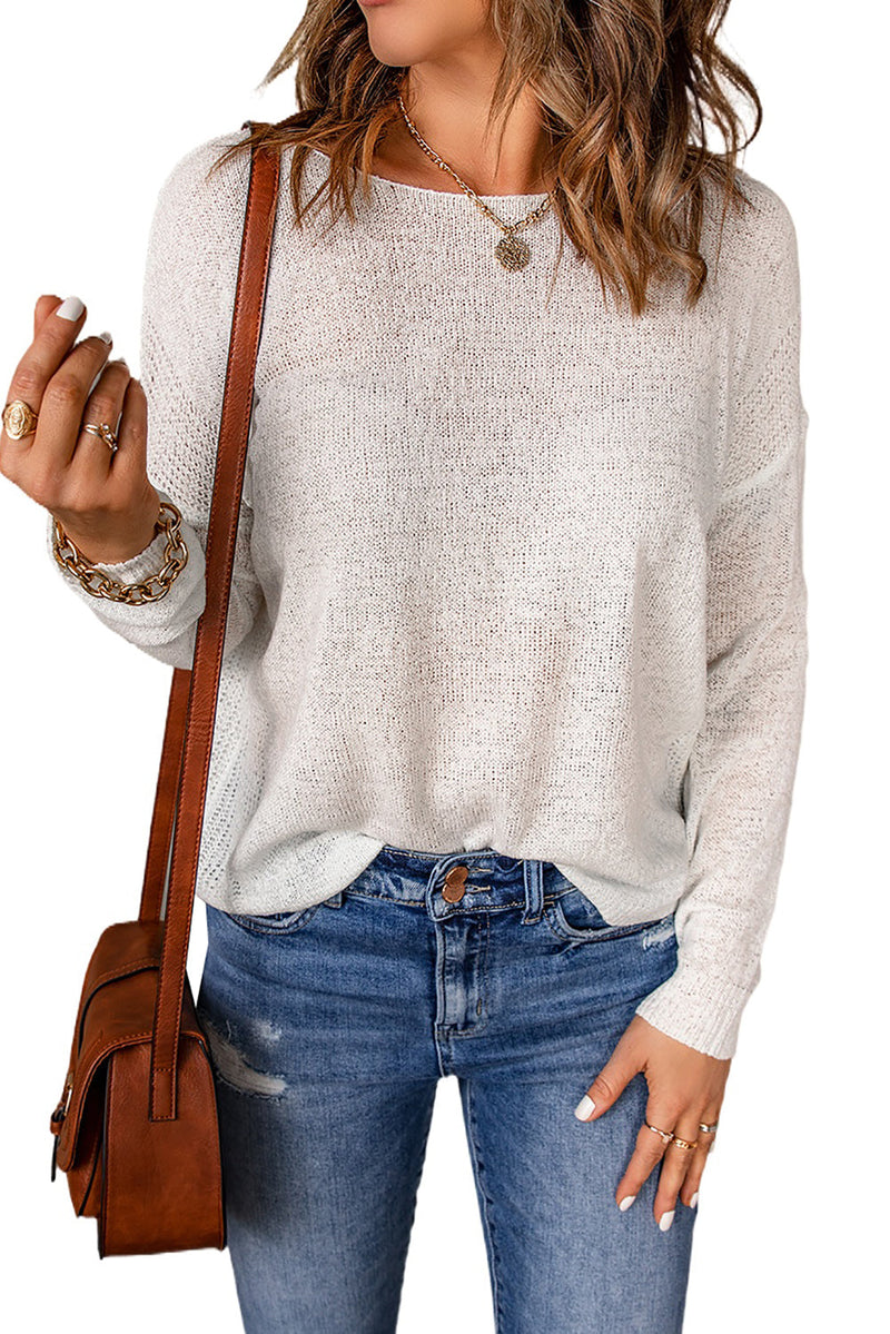 White Solid Drop Shoulder Pullover Sweater