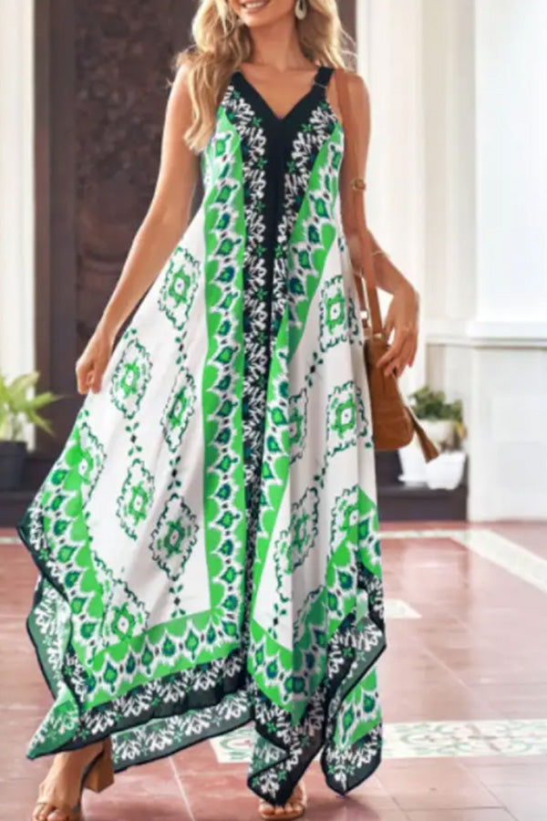 V-Neck Casual Loose Retro Print Vacation Sleeveless Maxi Dress