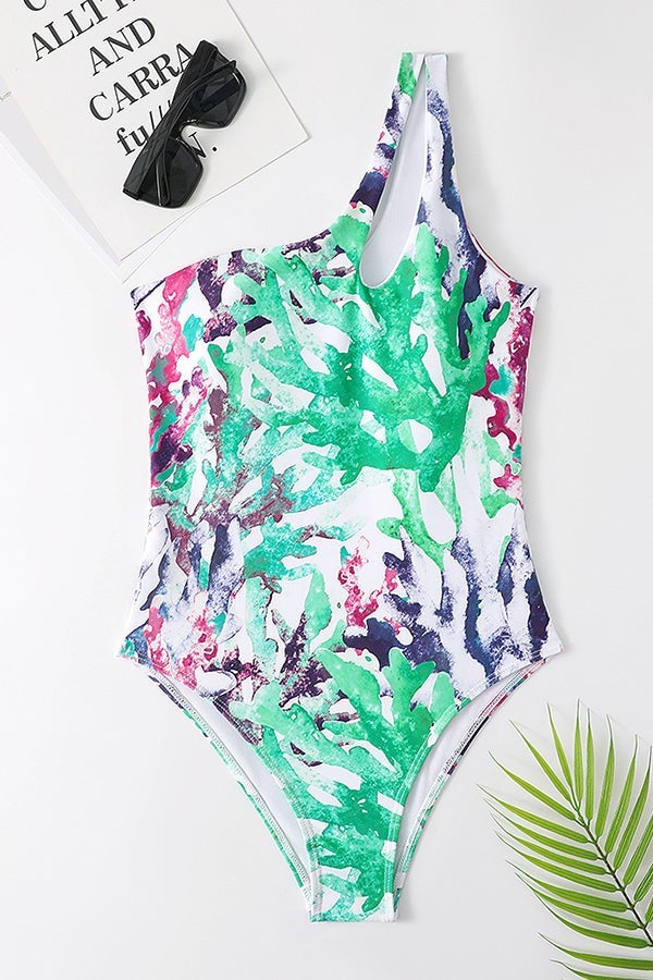 One-shoulder Cutout Print One-piece Swimsuit