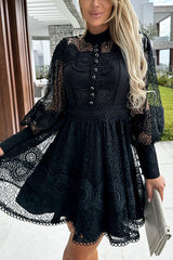 Peak Party Vibes Crochet Lace Lantern Sleeve Formal Mini Dress