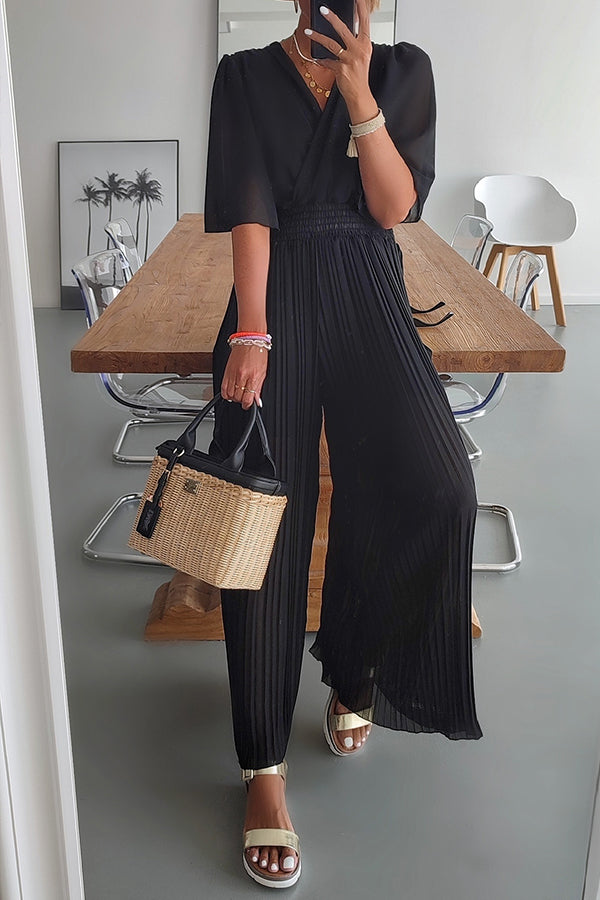 Delightful Day Smocked Waiset Pleated Wide Leg Jumpsuit