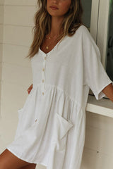 Loose-button cotton slub beach cover-up