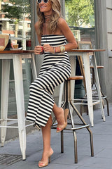 Just Say Yes Striped Off The Shoulder Back Slit Stretch Maxi Dress