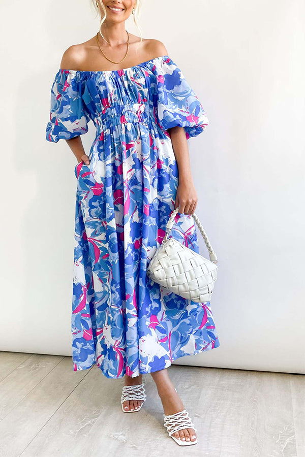 Elegant Square Neck Printed Puff Sleeve Long Dress