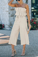 Plain Backless Ruffled Strapless Wide Leg Jumpsuit