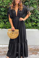 Black Drawstring Pleated Kimono Sleeve Ruffle Maxi Dress