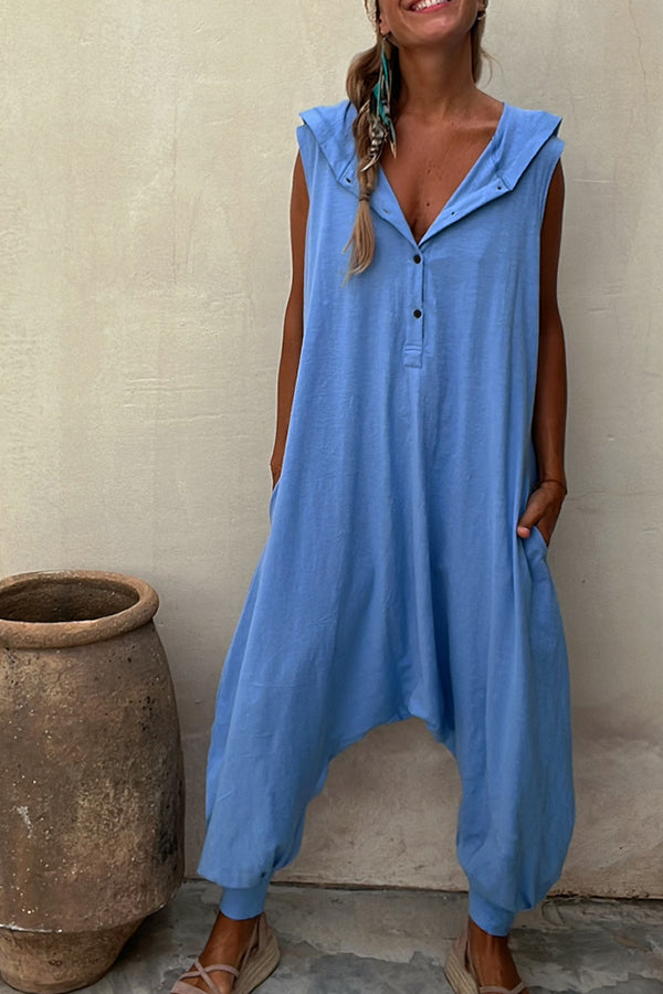 Let's Chill ポケット付きハーフボタンフード付きルーズジャンプスーツ