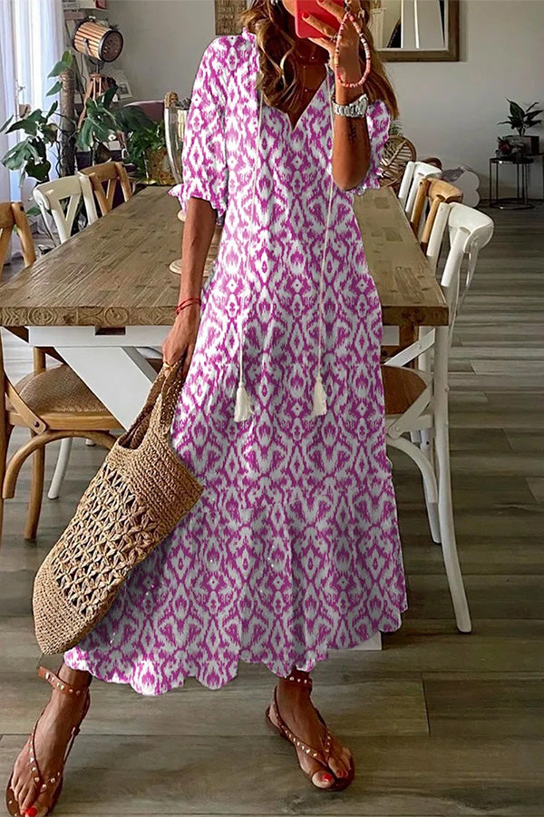 Geometric Print Casual V Neck Maxi Dress