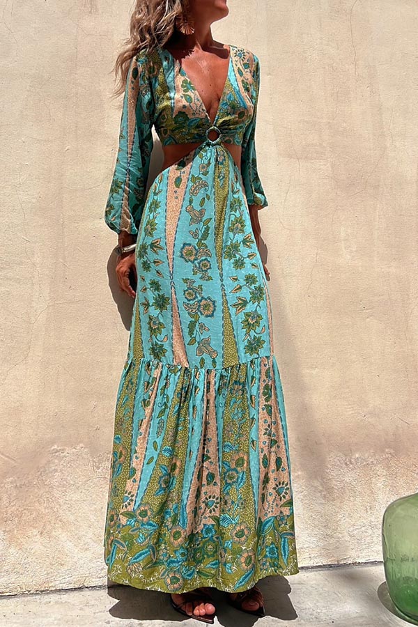 Goddess of the forest v-neck long-sleeved long-sleeved dress with double sides exposed waist