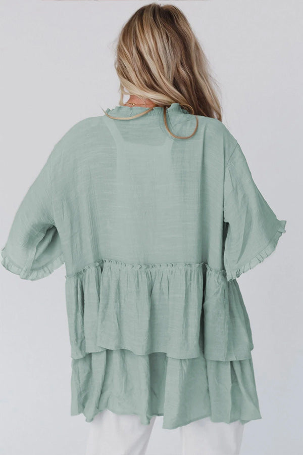 Ruffled Trim Short Sleeve Open Front Kimono