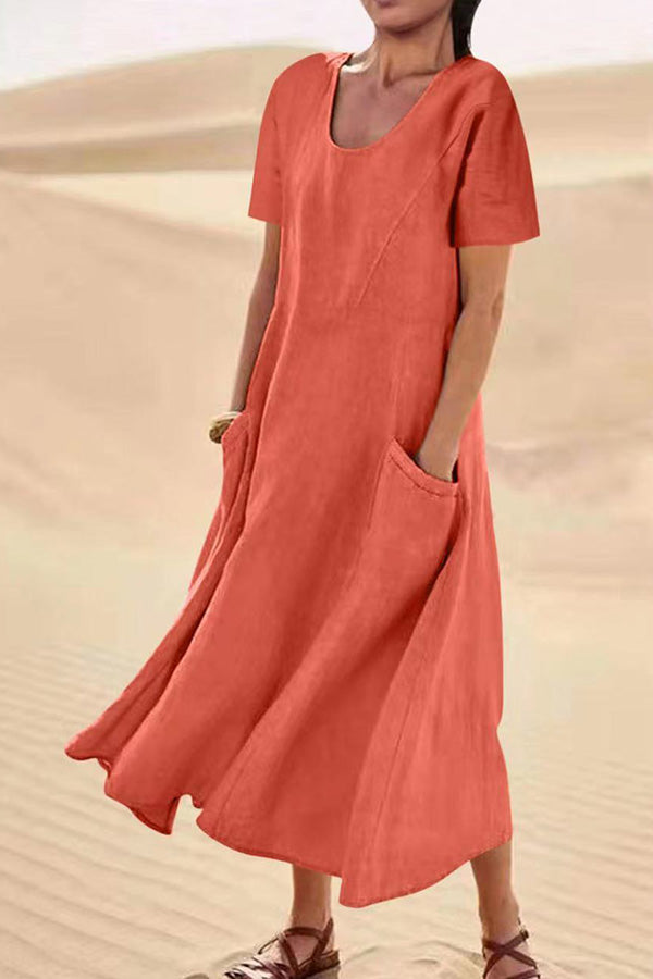 Solid Color Cotton Linen Loose Casual Pocket Dress