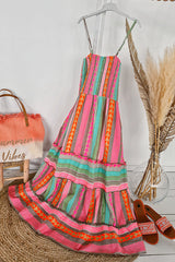 Plenty of Sunshine Linen Blend Ethnic Print Smocked Cami Midi Dress