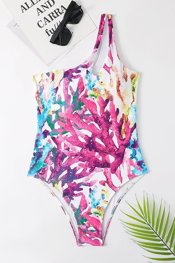 One-shoulder Cutout Print One-piece Swimsuit