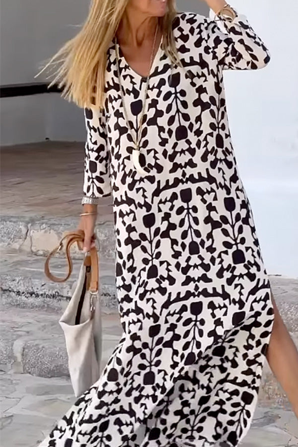 Ibiza Fashion Print Loose V Neck Long Sleeve Long Dress