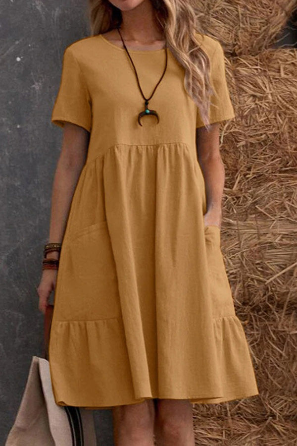 Loose Pocket Solid Color Round Neck Short Sleeve Dress