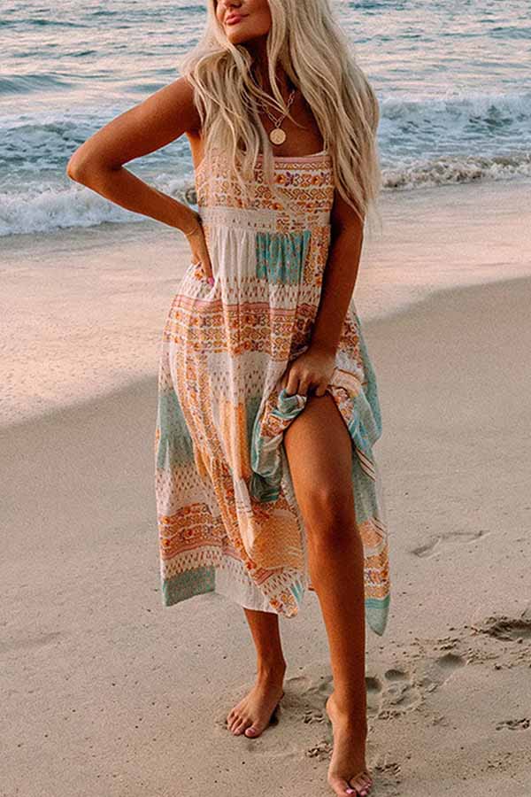 Multicolor Boho Patchwork Print Square Neck Sundress