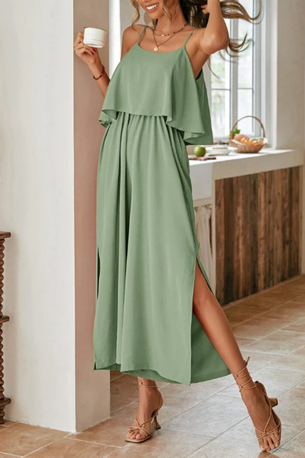 コンフォートスリットフリルサスペンダージャンプスーツ