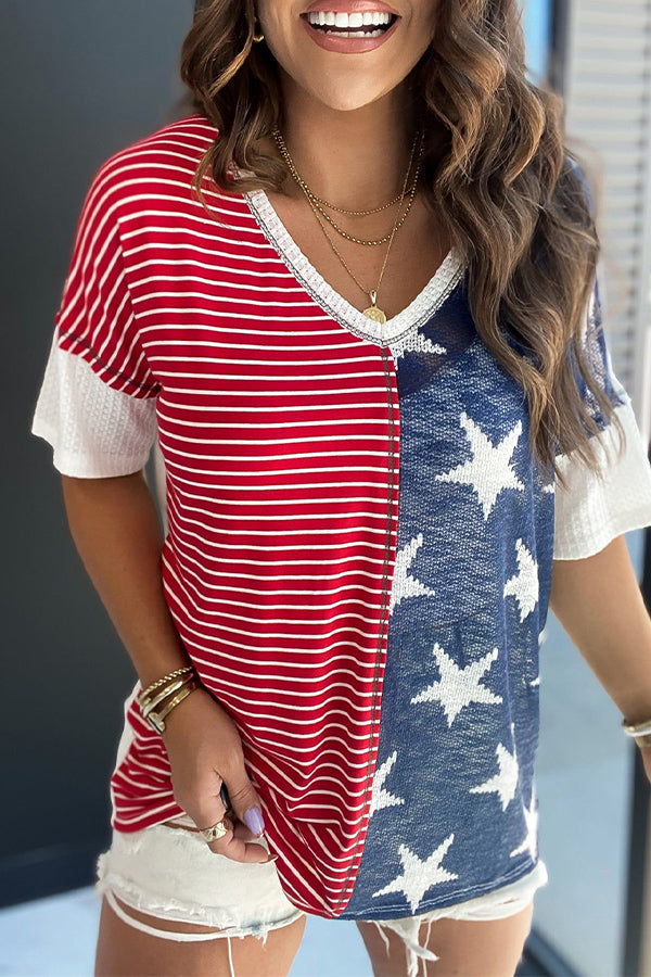 Stripes Stars Print Knit Short Sleeve Top