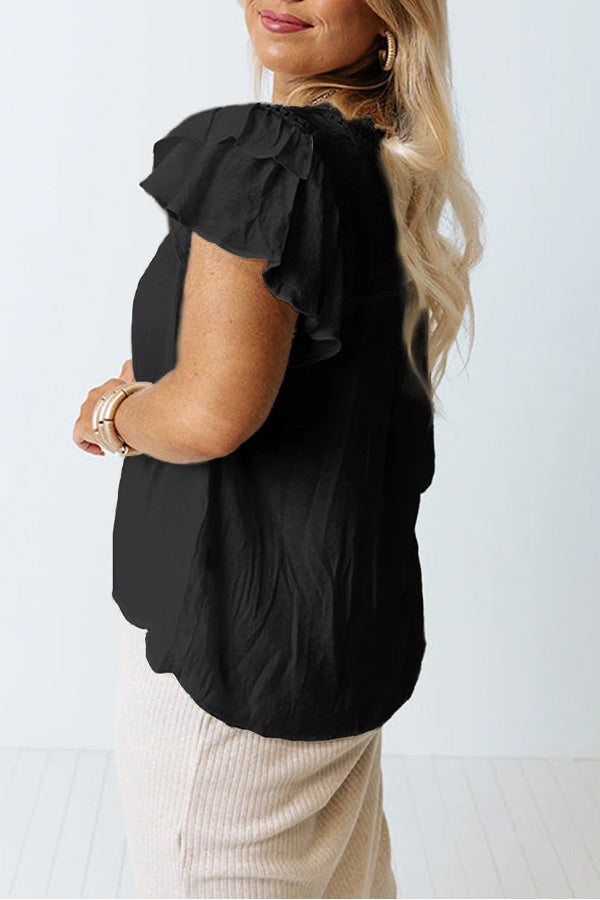 Plain Ruffle Sleeve Buttoned Plus Size Boho Top