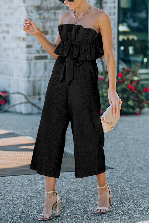 Plain Backless Ruffled Strapless Wide Leg Jumpsuit