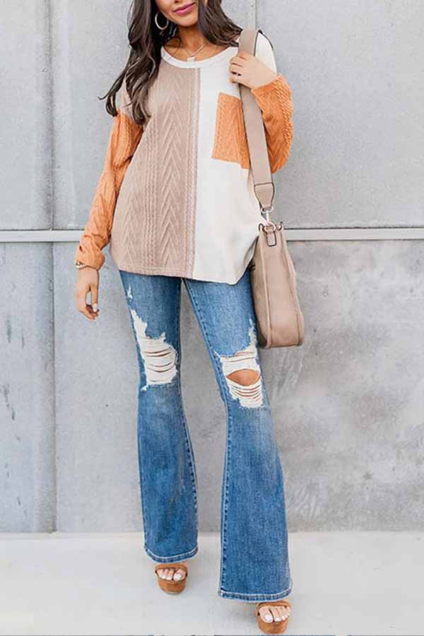 Orange Long Sleeve Colorblock Chest Pocket Textured Knit Top