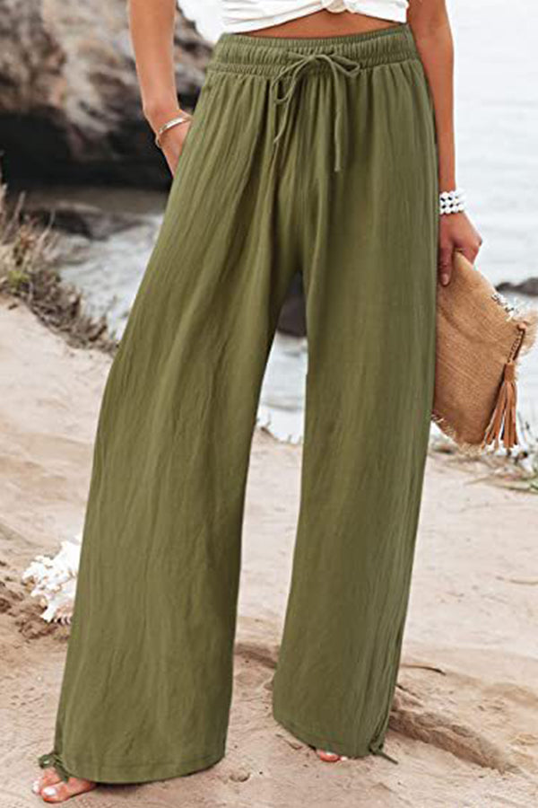 Cotton linen wide-leg drawstring beach pants casual pants