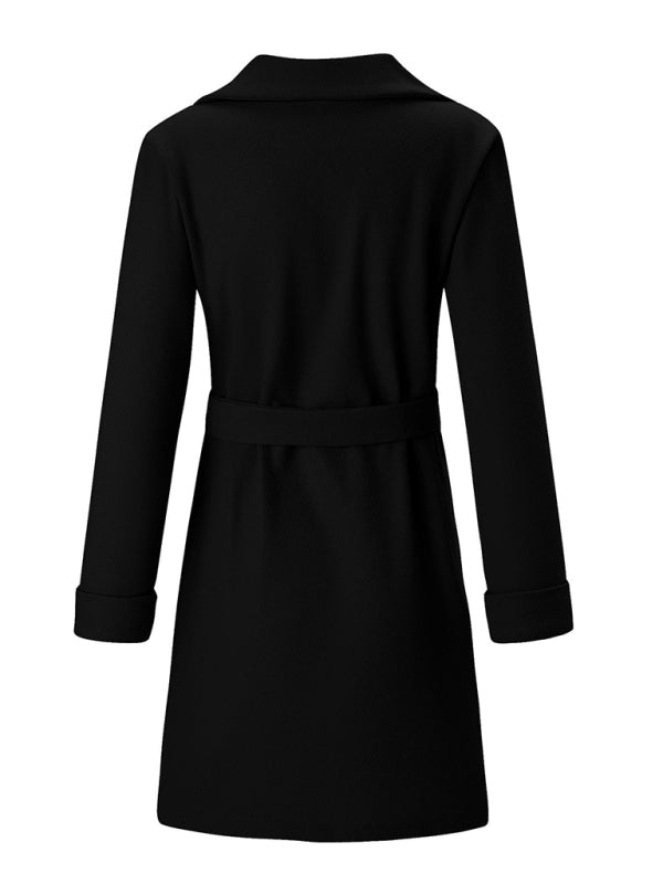 Women's Stylish Solid Color Classy Collared Overcoat With Waist Tie And Hand Pockets