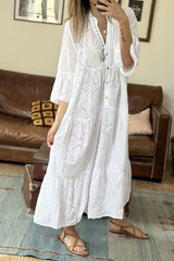 Mary White Hollow V Neck Casual Dress