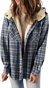 Plaid Shacket Jacket Long Sleeve Button Down Fleece Hooded Jackets Warm Coat