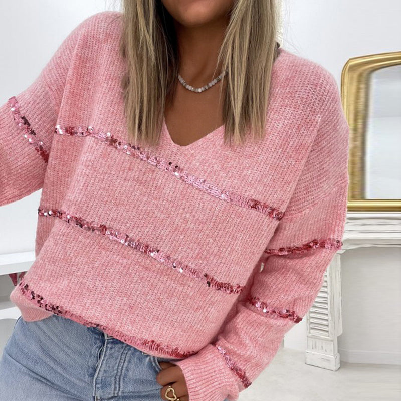 Pink Long Sleeve V-Neck Sequins Sweater